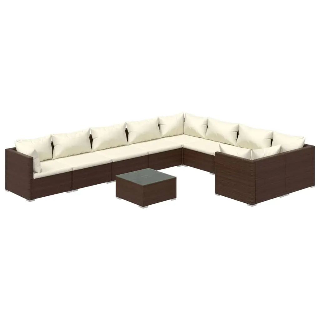 10 Piece Garden Lounge Set with Cushions Poly Rattan Brown 3102770 - Furniture