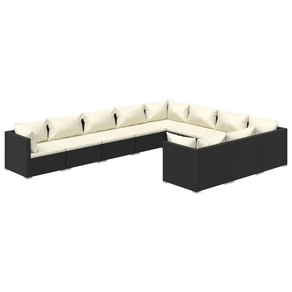 10 Piece Garden Lounge Set with Cushions Poly Rattan Black 3102775 - Furniture