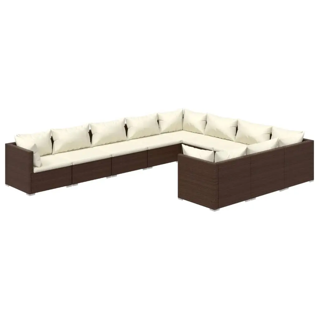 10 Piece Garden Lounge Set with Cushions Poly Rattan Brown 3102778 - Furniture