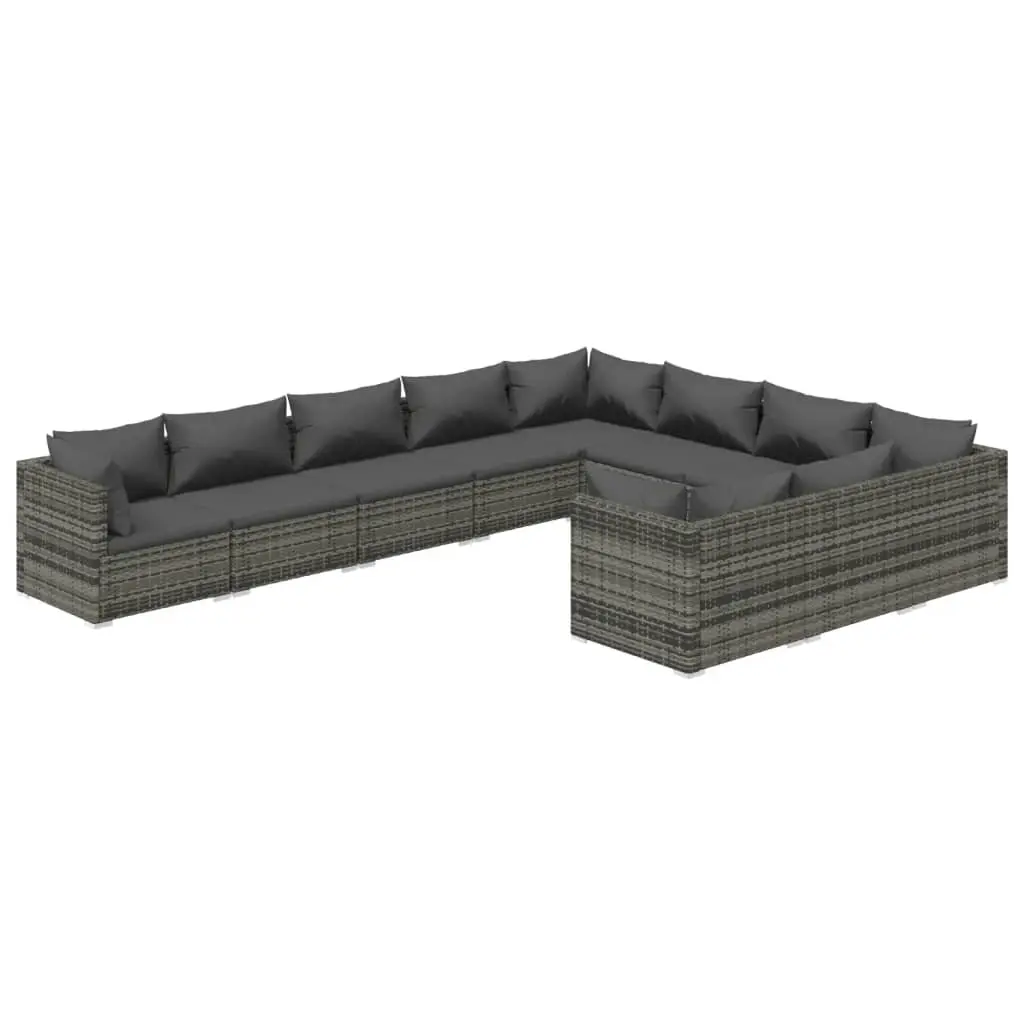 10 Piece Garden Lounge Set with Cushions Poly Rattan Grey 3102781 - Furniture