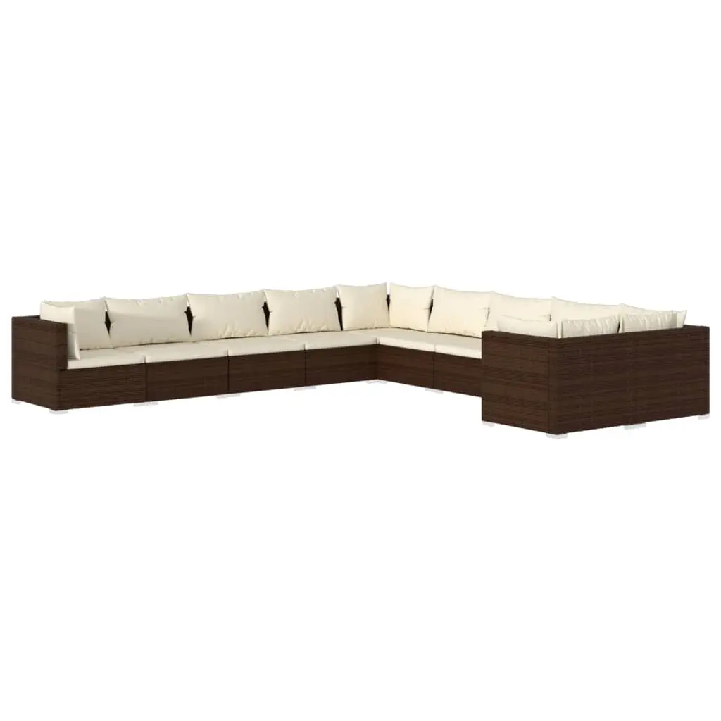 10 Piece Garden Lounge Set with Cushions Poly Rattan Brown 3102794 - Furniture