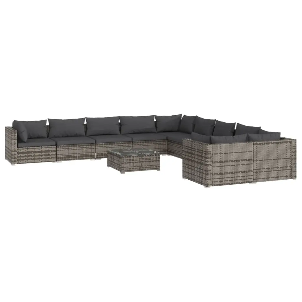 11 Piece Garden Lounge Set with Cushions Poly Rattan Grey 3102805 - Furniture