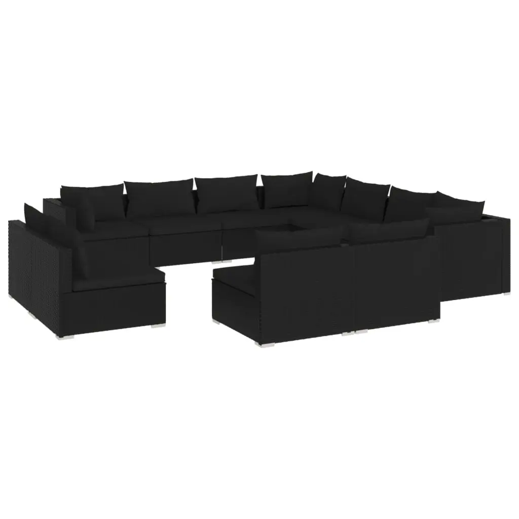 11 Piece Garden Lounge Set with Cushions Black Poly Rattan 3102824 - Furniture