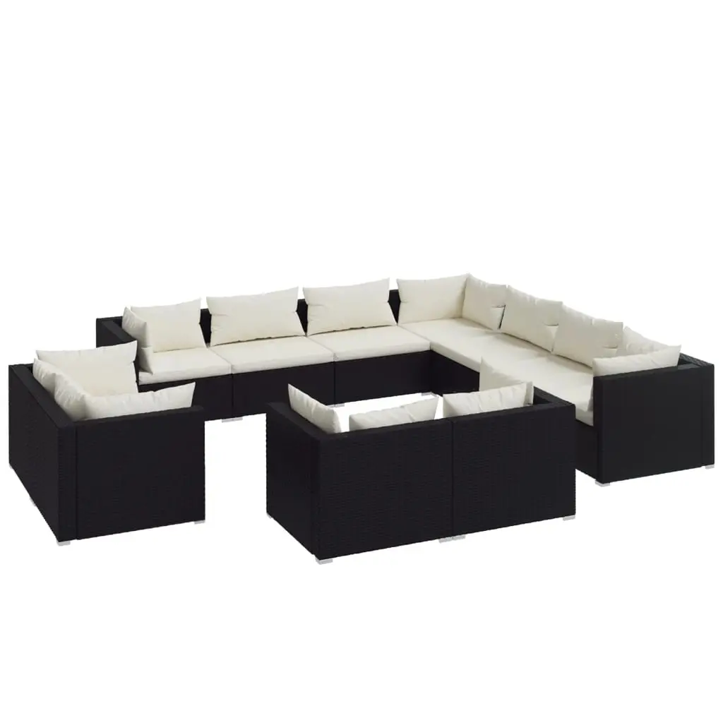 11 Piece Garden Lounge Set with Cushions Black Poly Rattan 3102871 - Furniture