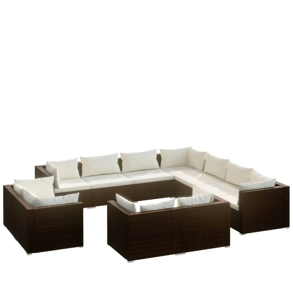 11 Piece Garden Lounge Set with Cushions Brown Poly Rattan 3102874 - Furniture