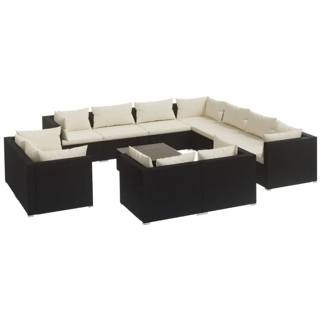 12 Piece Garden Lounge Set with Cushions Black Poly Rattan 3102879 - Furniture