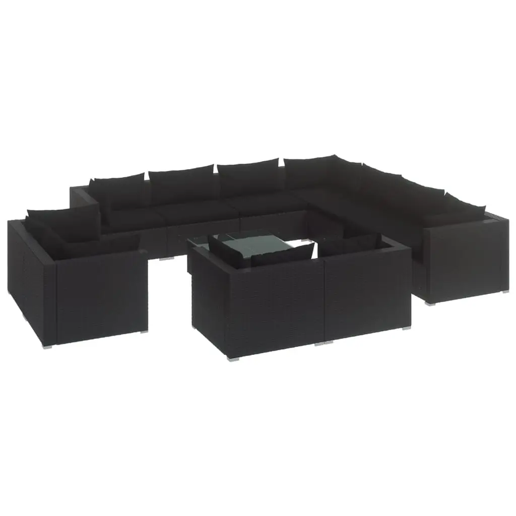12 Piece Garden Lounge Set with Cushions Black Poly Rattan 3102880 - Furniture