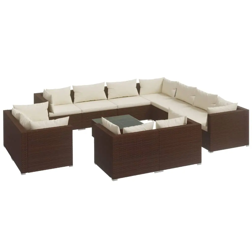 12 Piece Garden Lounge Set with Cushions Brown Poly Rattan 3102882 - Furniture