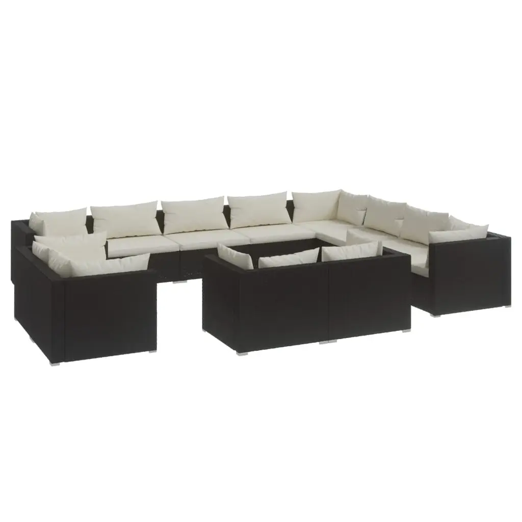 12 Piece Garden Lounge Set with Cushions Black Poly Rattan 3102887 - Furniture