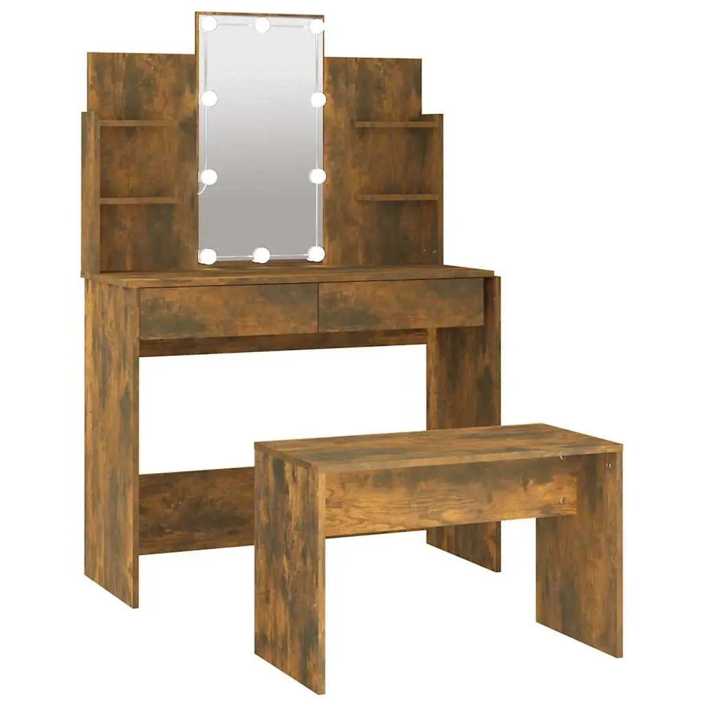 Dressing Table Set with LED Smoked Oak Engineered Wood 3114128 - Furniture