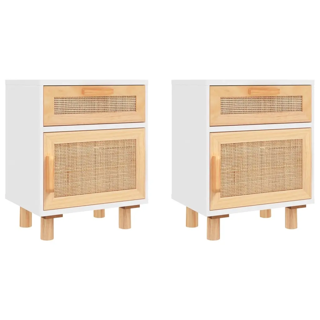Bedside Cabinets 2 pcs White Solid Wood Pine and Natural Rattan 345607 - Furniture