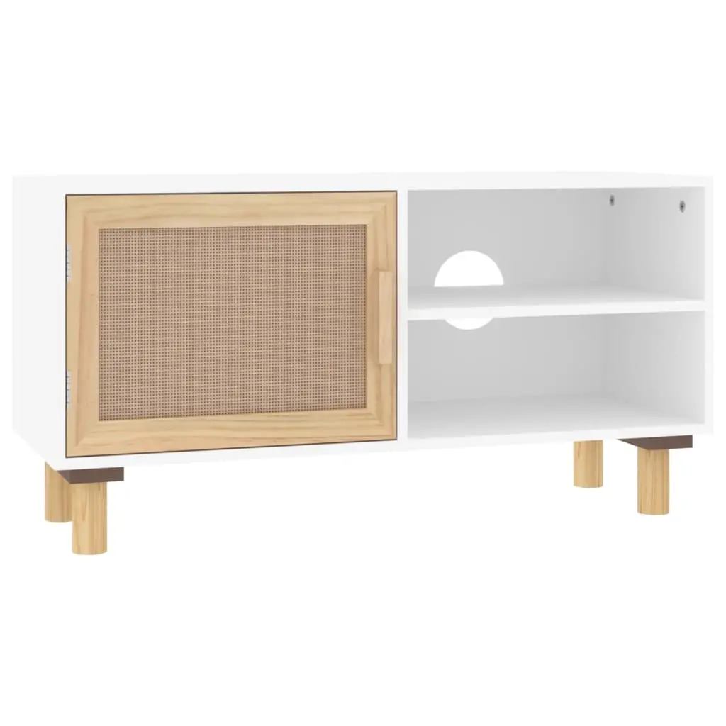 TV Cabinet White 80x30x40 cm Solid Wood Pine and Natural Rattan 345612 - Furniture