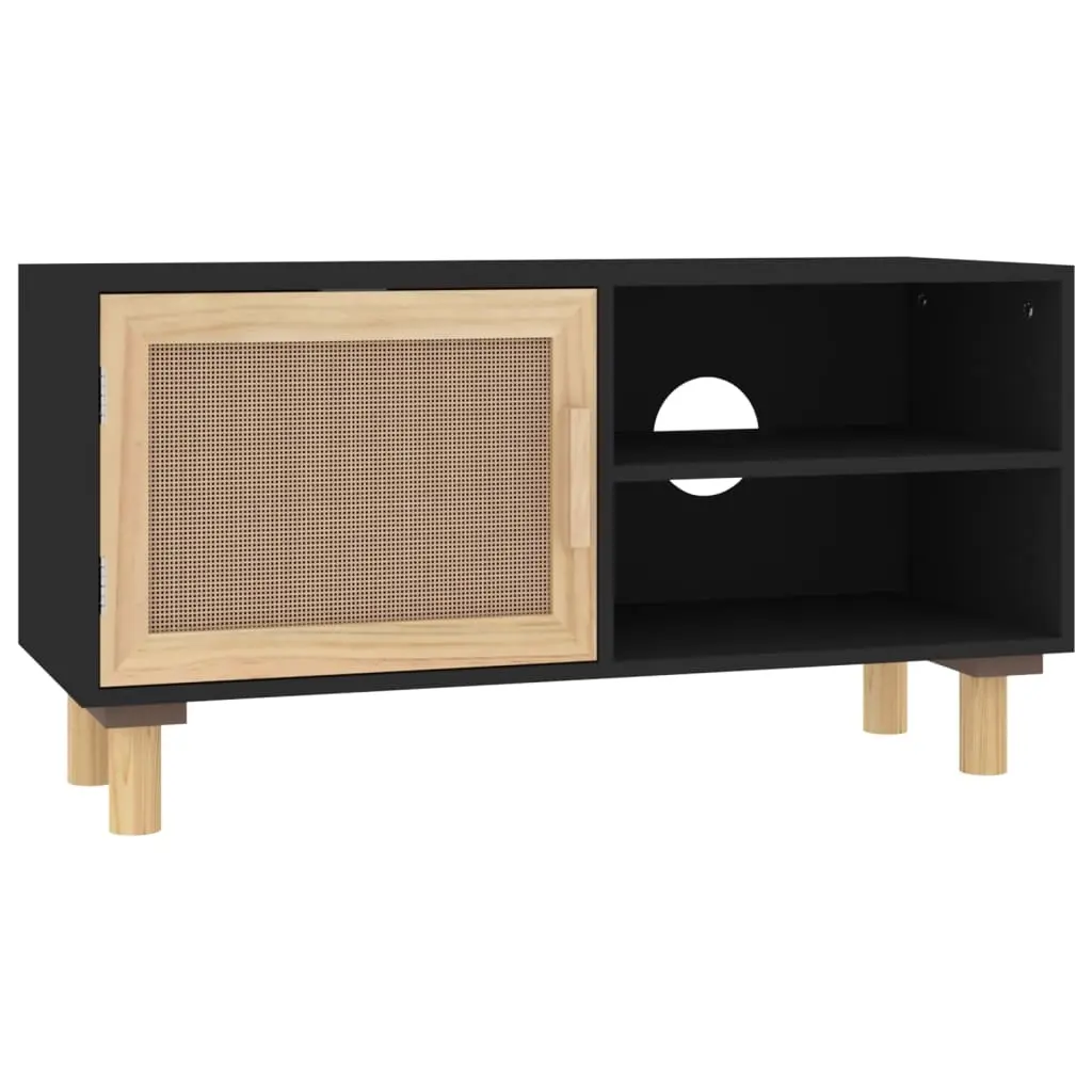 TV Cabinet Black 80x30x40 cm Solid Wood Pine and Natural Rattan 345613 - Furniture