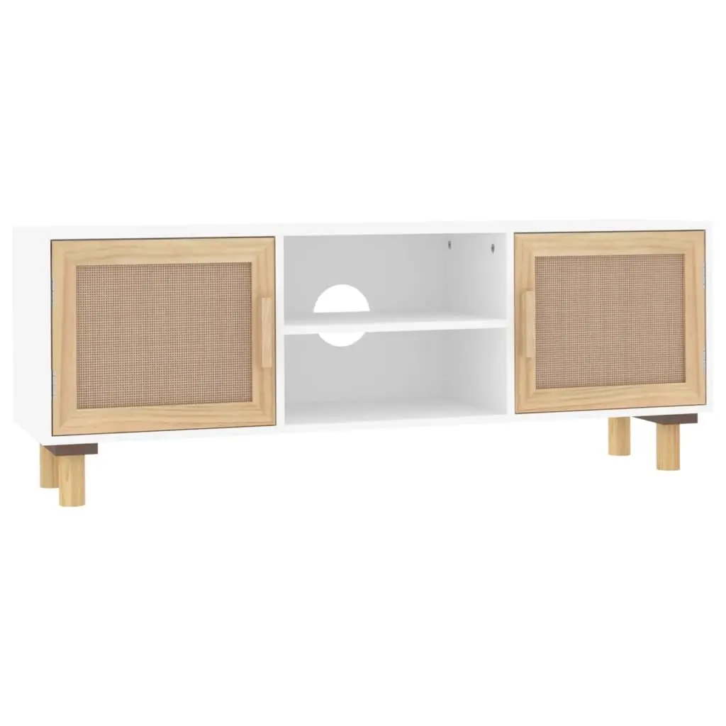 TV Cabinet White 105x30x40 cm Solid Wood Pine&Natural Rattan 345615 - Furniture
