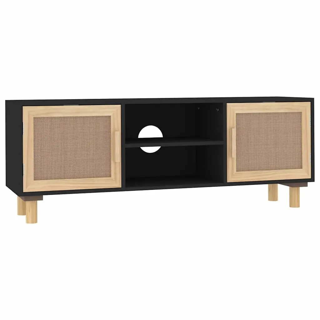 TV Cabinet Black 105x30x40 cm Solid Wood Pine&Natural Rattan 345616 - Furniture