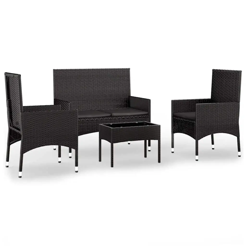4 Piece Garden Lounge Set with Cushions Black Poly Rattan 319498 - Furniture