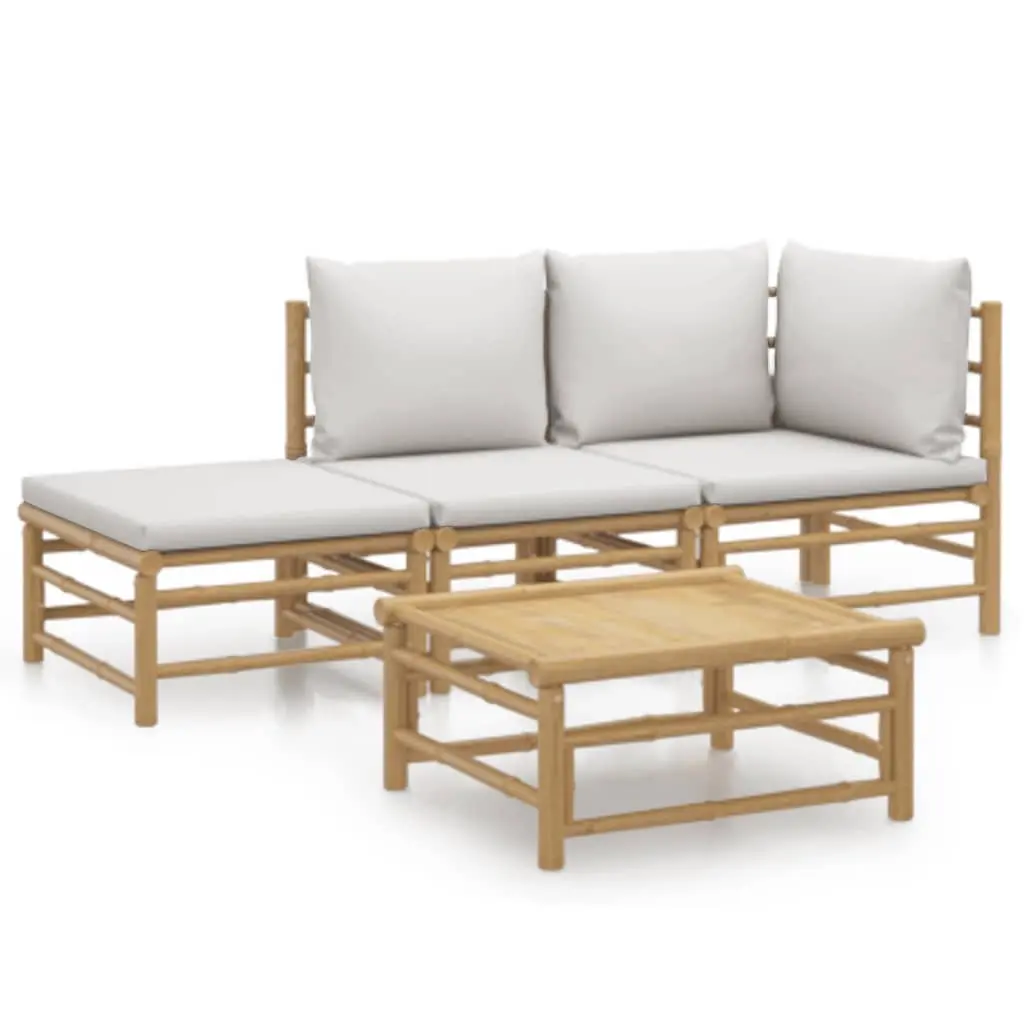 4 Piece Garden Lounge Set with Light Grey Cushions Bamboo 3155080 - Furniture
