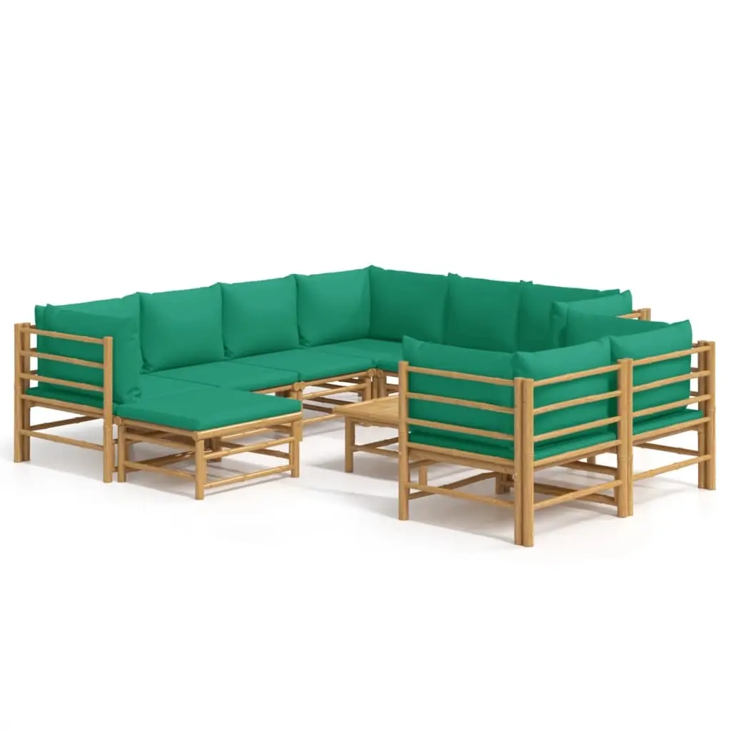 10 Piece Garden Lounge Set with Green Cushions Bamboo 3155160 - Furniture