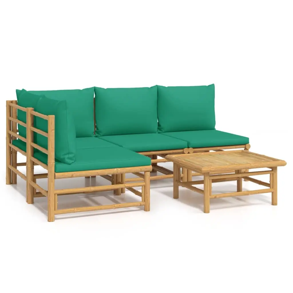 5 Piece Garden Lounge Set with Green Cushions Bamboo 3155170 - Furniture