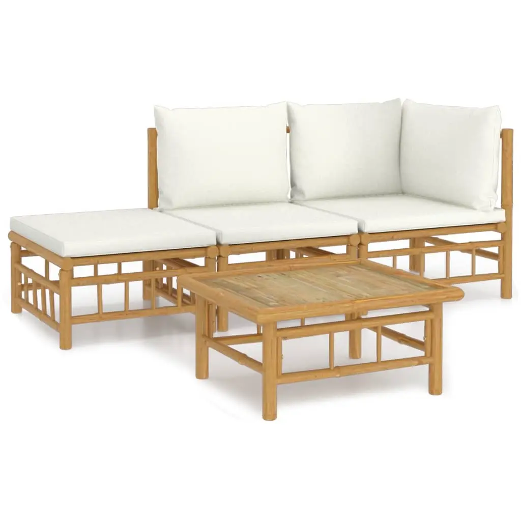 4 Piece Garden Lounge Set with Cream White Cushions Bamboo 3155176 - Furniture