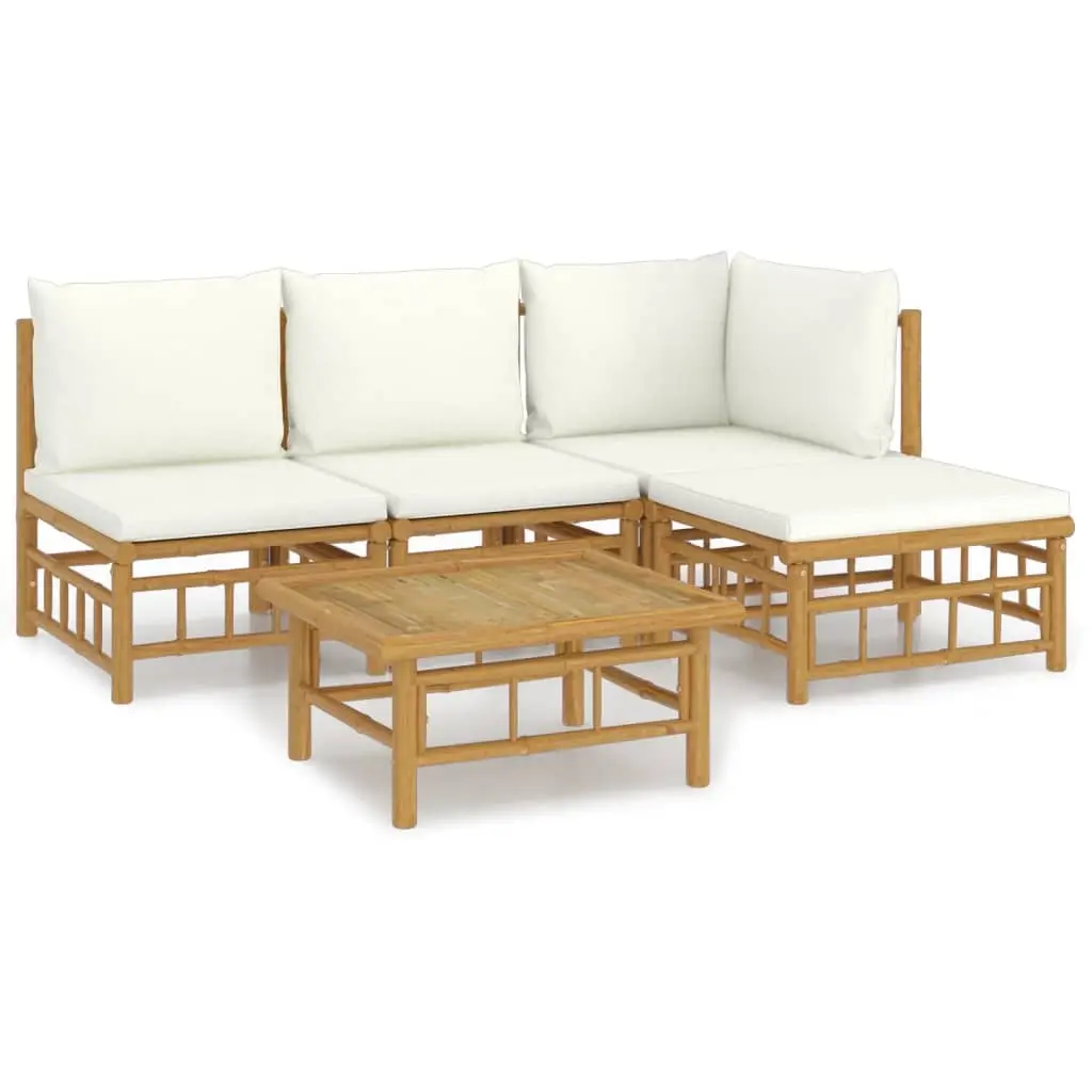5 Piece Garden Lounge Set with Cream White Cushions Bamboo 3155177 - Furniture