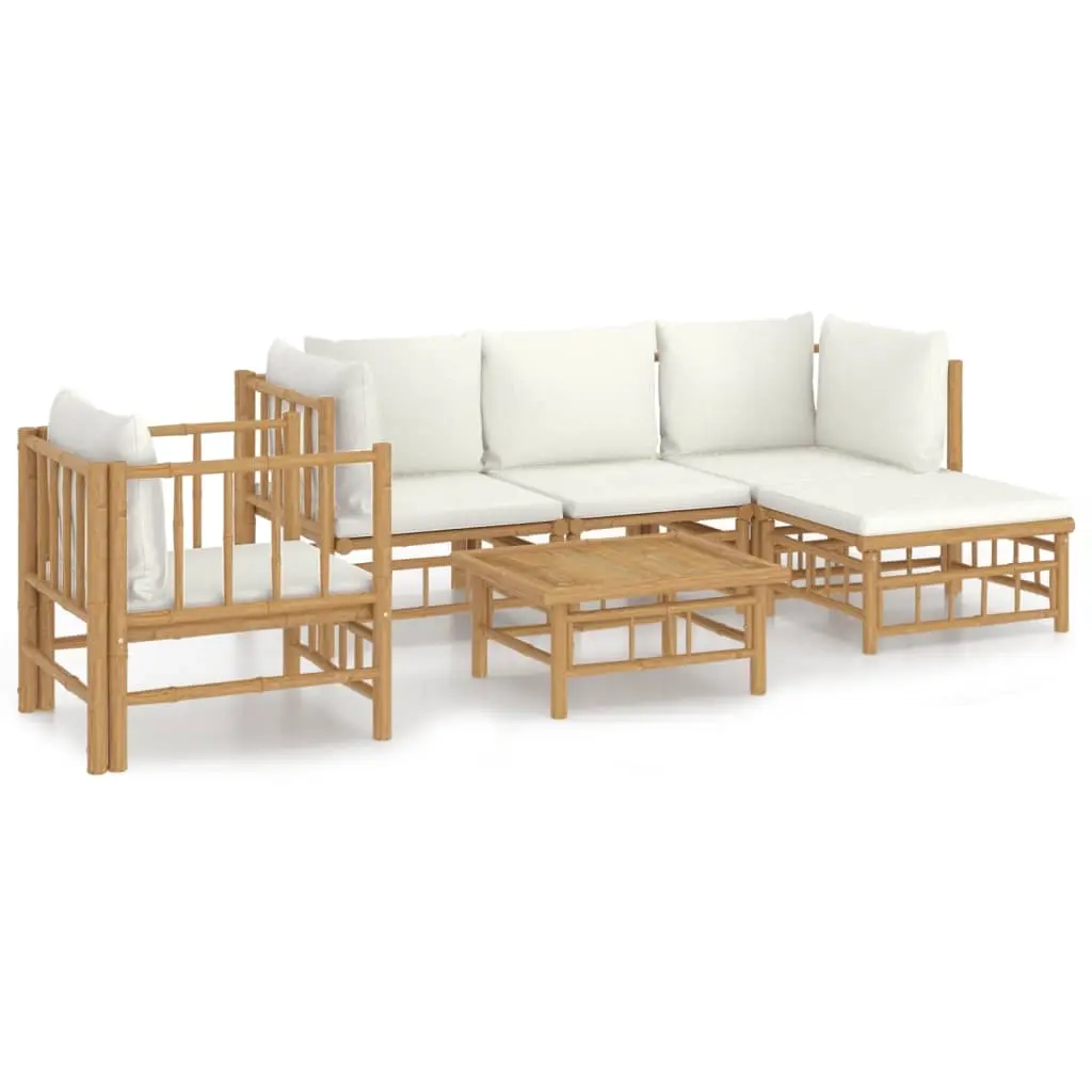 6 Piece Garden Lounge Set with Cream White Cushions Bamboo 3155179 - Furniture