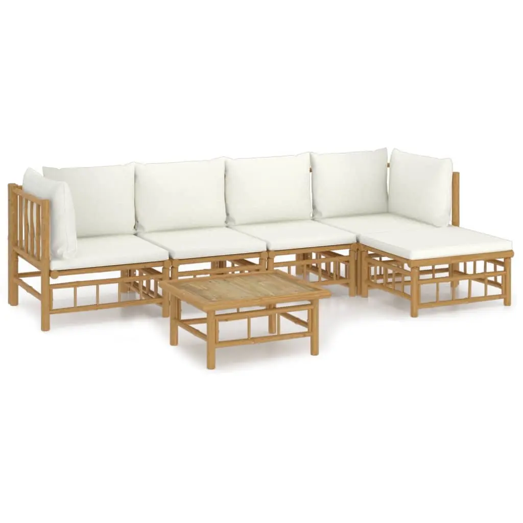 6 Piece Garden Lounge Set with Cream White Cushions Bamboo 3155180 - Furniture