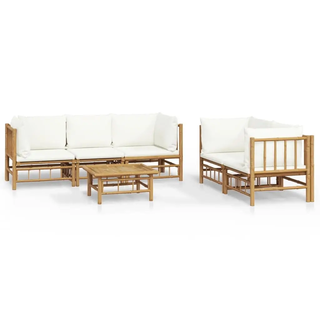6 Piece Garden Lounge Set with Cream White Cushions Bamboo 3155186 - Furniture