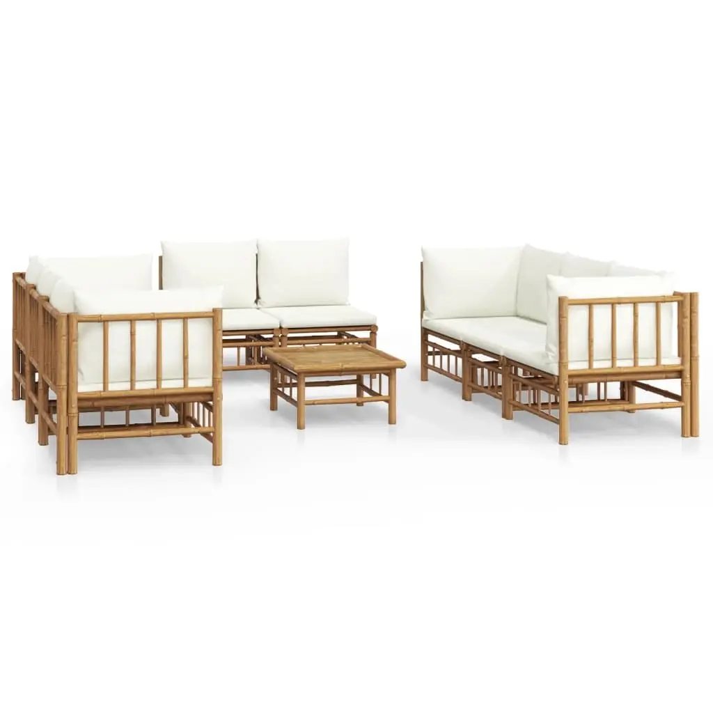 9 Piece Garden Lounge Set with Cream White Cushions Bamboo 3155187 - Furniture