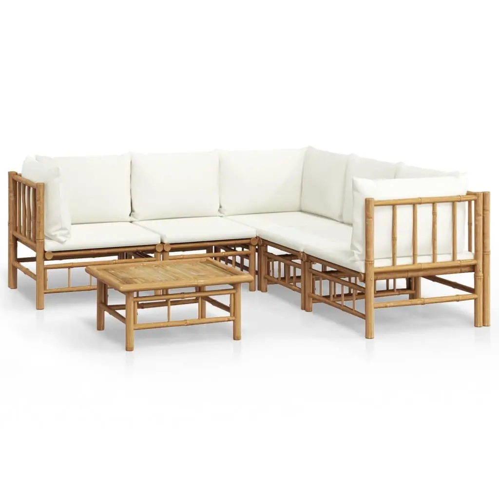 6 Piece Garden Lounge Set with Cream White Cushions Bamboo 3155188 - Furniture