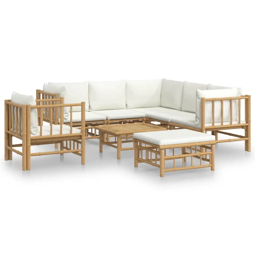 8 Piece Garden Lounge Set with Cream White Cushions Bamboo 3155190 - Furniture