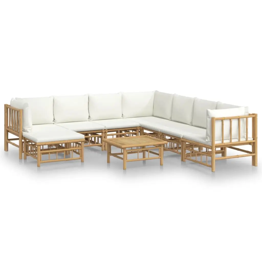 9 Piece Garden Lounge Set with Cream White Cushions Bamboo 3155196 - Furniture