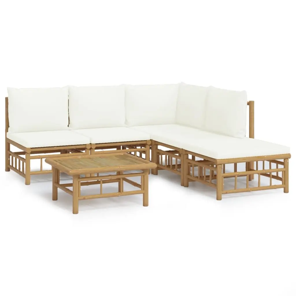 6 Piece Garden Lounge Set with Cream White Cushions Bamboo 3155199 - Furniture