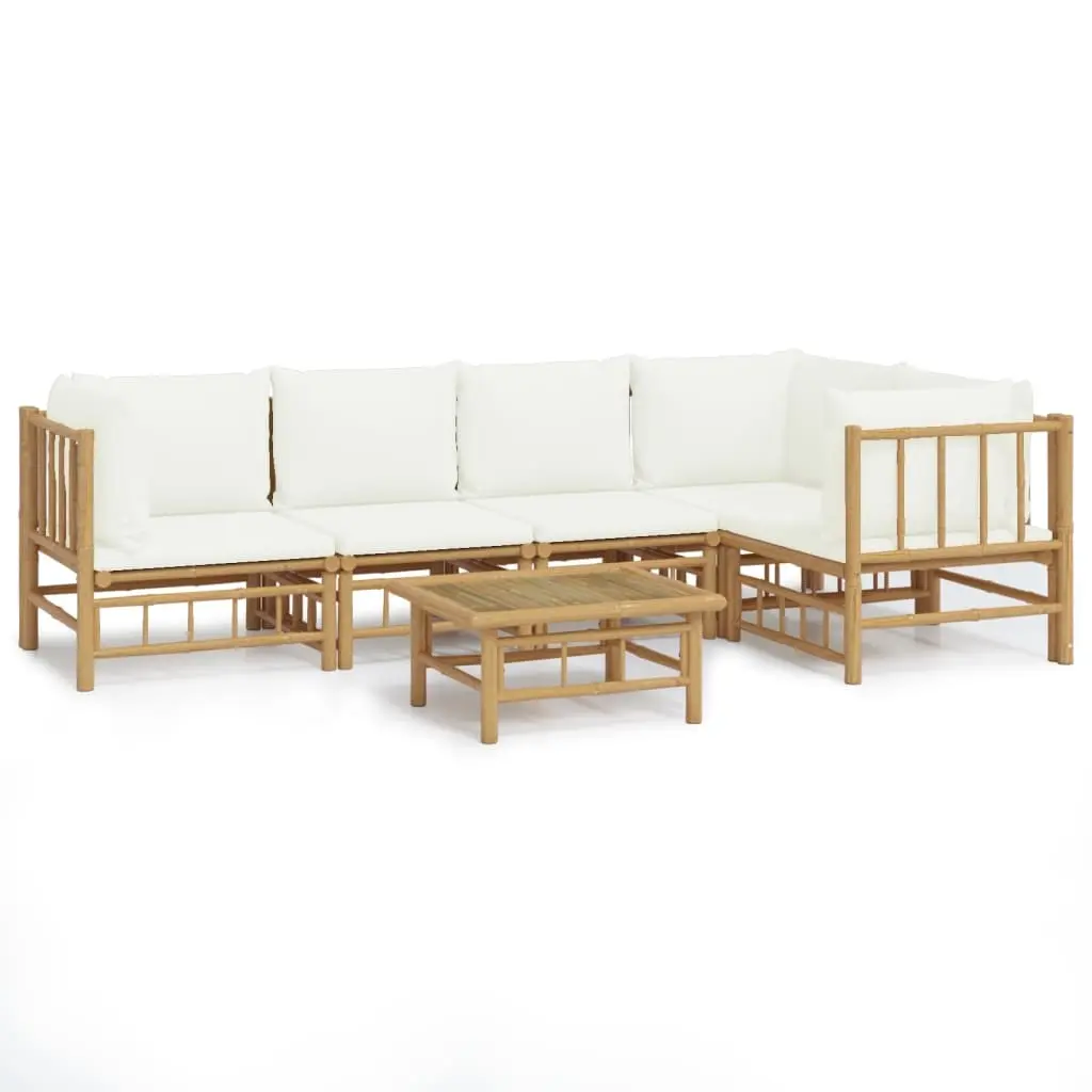 6 Piece Garden Lounge Set with Cream White Cushions Bamboo 3155201 - Furniture