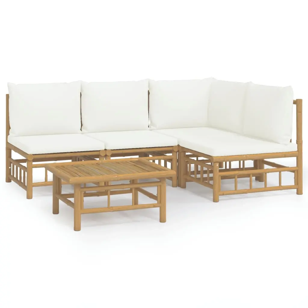 5 Piece Garden Lounge Set with Cream White Cushions Bamboo 3155202 - Furniture