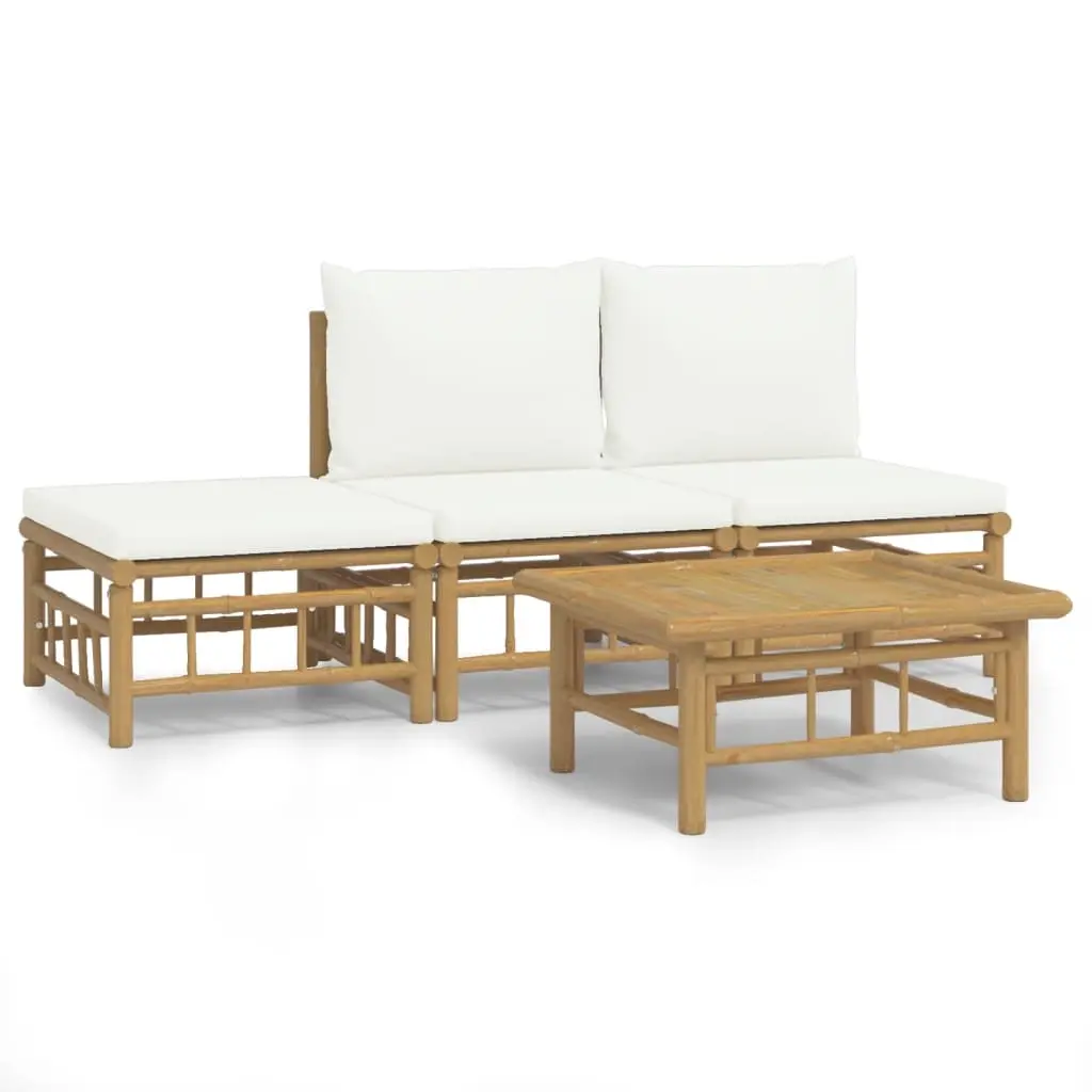 4 Piece Garden Lounge Set with Cream White Cushions Bamboo 3155203 - Furniture