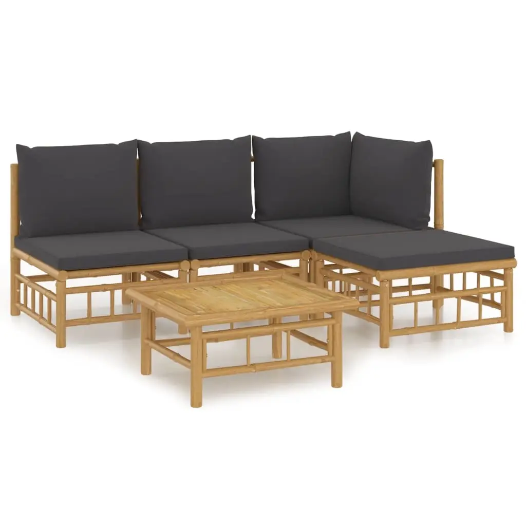 5 Piece Garden Lounge Set with Dark Grey Cushions Bamboo 3155209 - Furniture