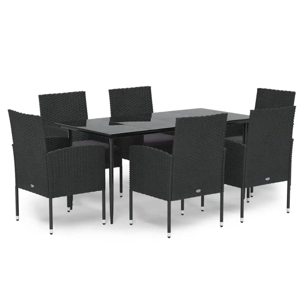 7 Piece Garden Dining Set with Cushions Black Poly Rattan 3156787 - Furniture