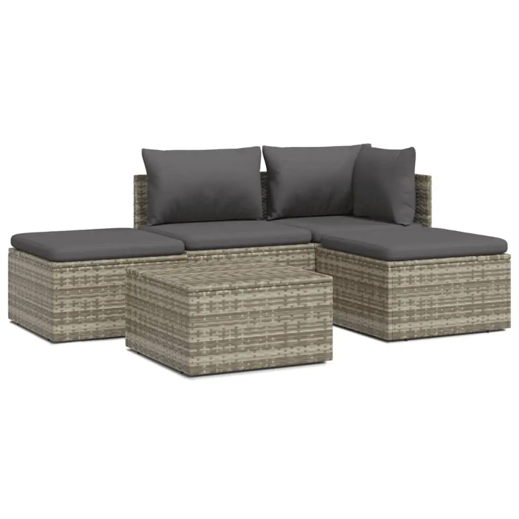 5 Piece Garden Lounge Set with Cushions Grey Poly Rattan 3157316 - Furniture