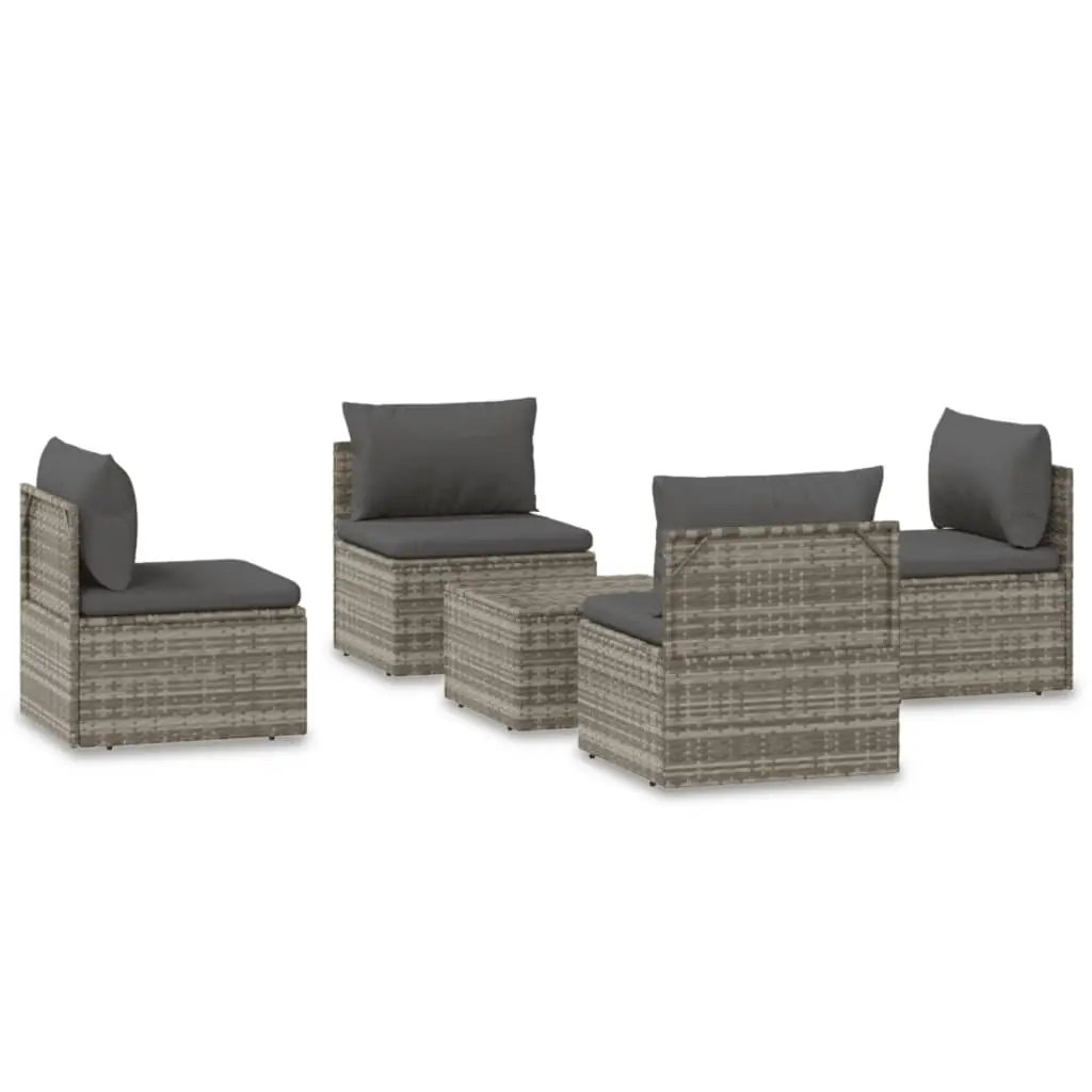 5 Piece Garden Lounge Set with Cushions Grey Poly Rattan 3157504 - Furniture