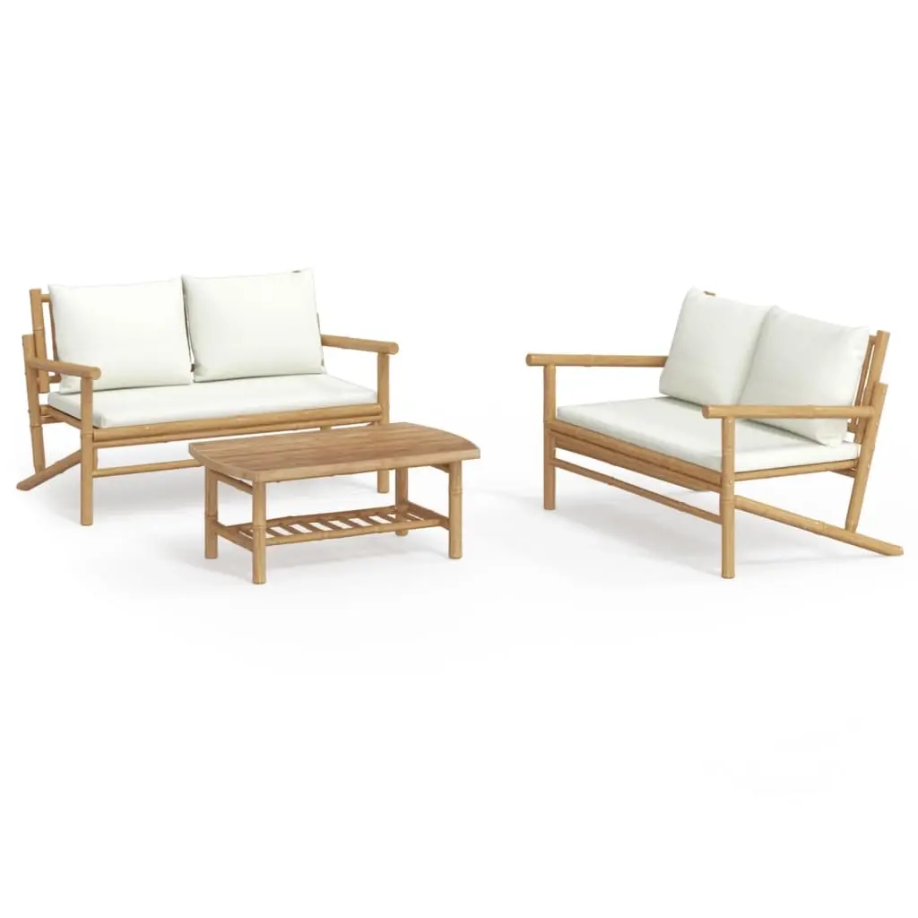 3 Piece Garden Lounge Set with Cream White Cushions Bamboo 3156473 - Furniture