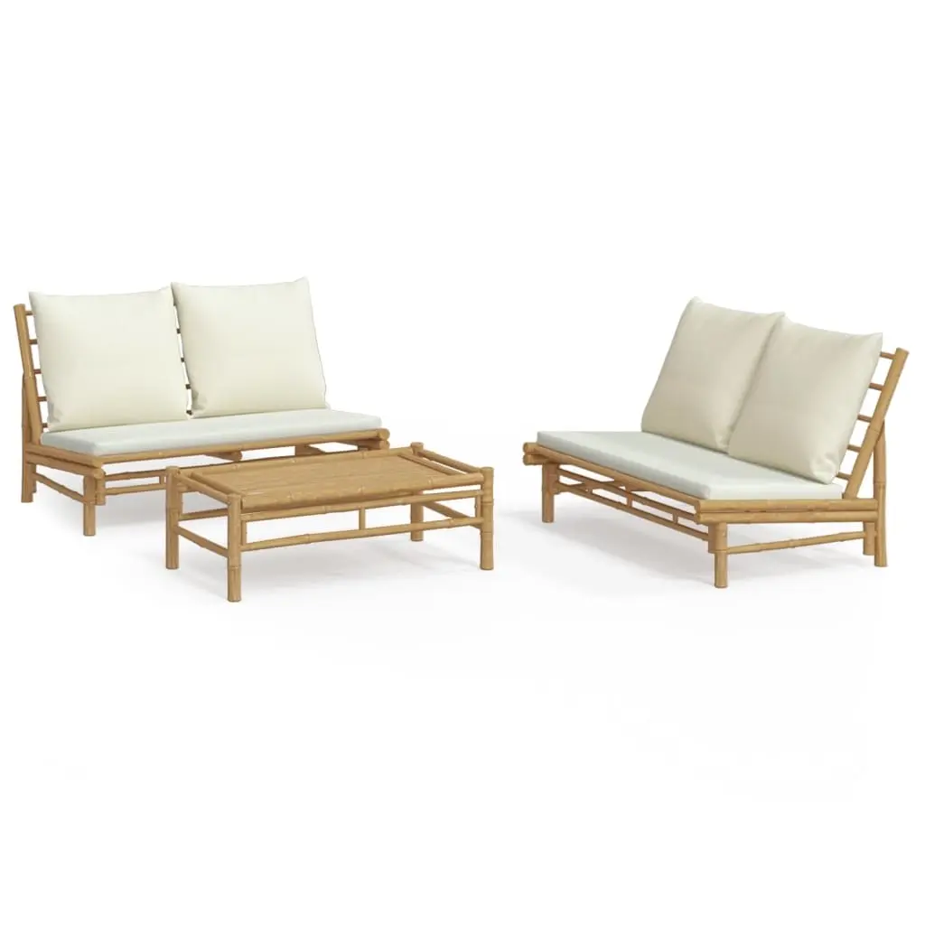 3 Piece Garden Lounge Set with Cream White Cushions Bamboo 3156483 - Furniture