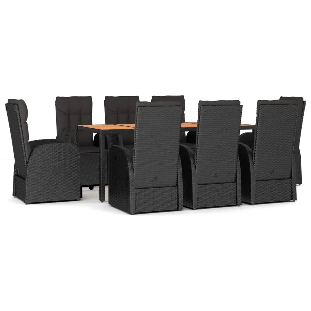 9 Piece Garden Dining Set with Cushions Black Poly Rattan 3157604 - Furniture