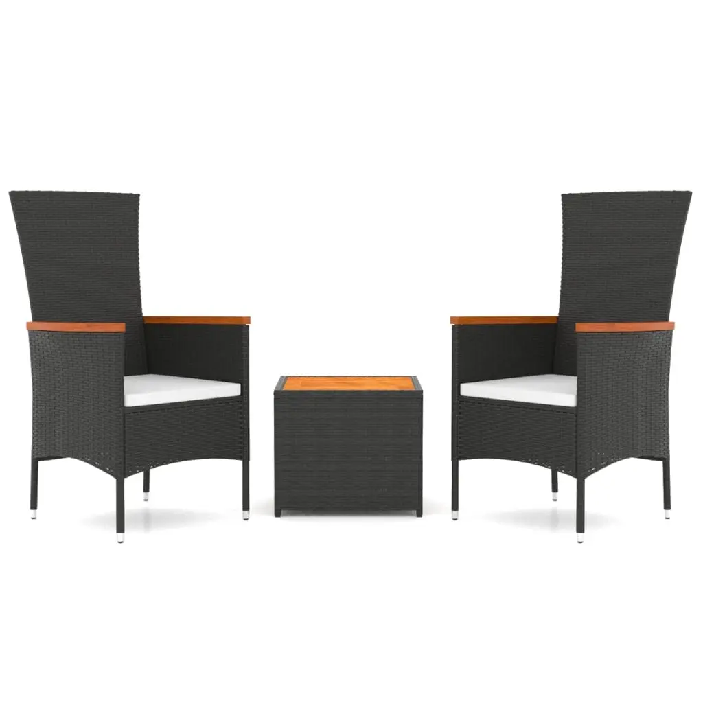 3 Piece Garden Lounge Set Black Poly Rattan&Solid Wood Acacia 3157648 - Furniture