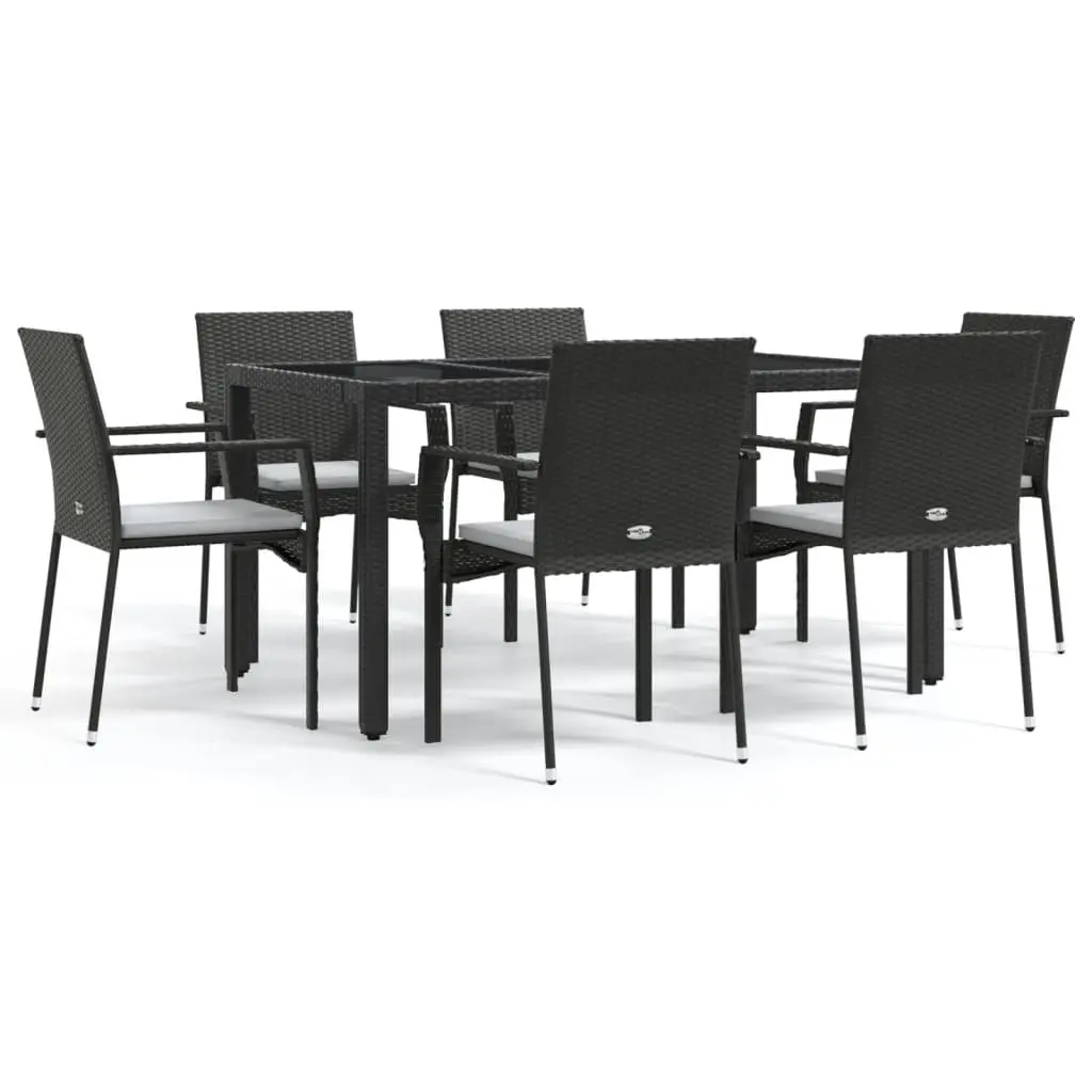 7 Piece Garden Dining Set with Cushions Black Poly Rattan 3184978 - Furniture