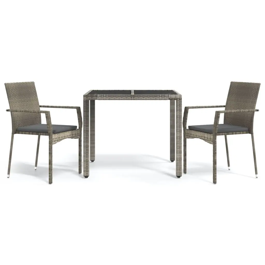 3 Piece Garden Dining Set with Cushions Grey Poly Rattan 3184981 - Furniture