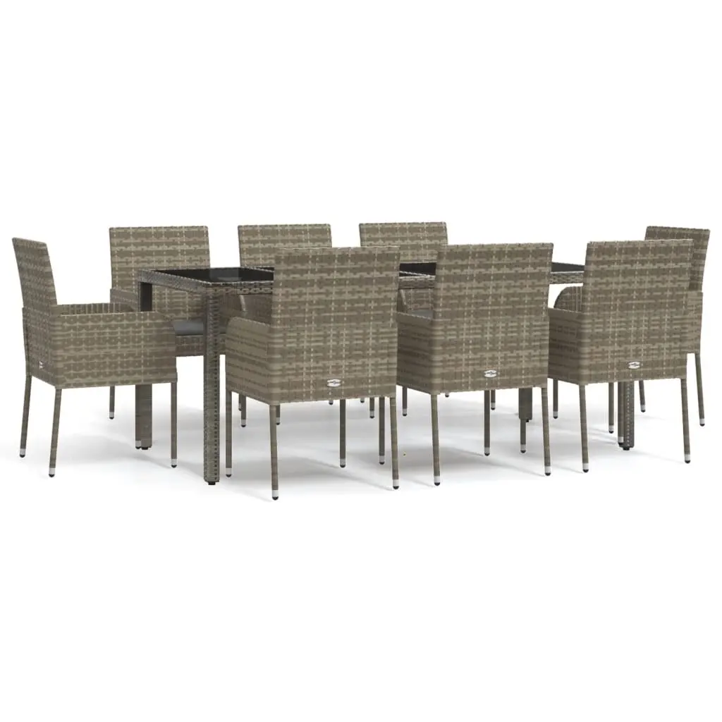 9 Piece Garden Dining Set with Cushions Grey Poly Rattan 3185010 - Furniture