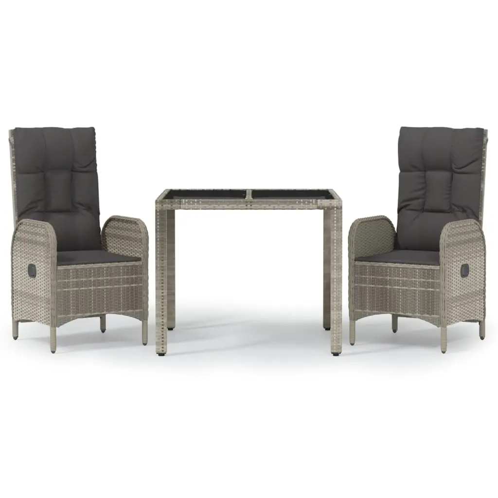 3 Piece Garden Dining Set with Cushions Grey Poly Rattan 3185023 - Furniture
