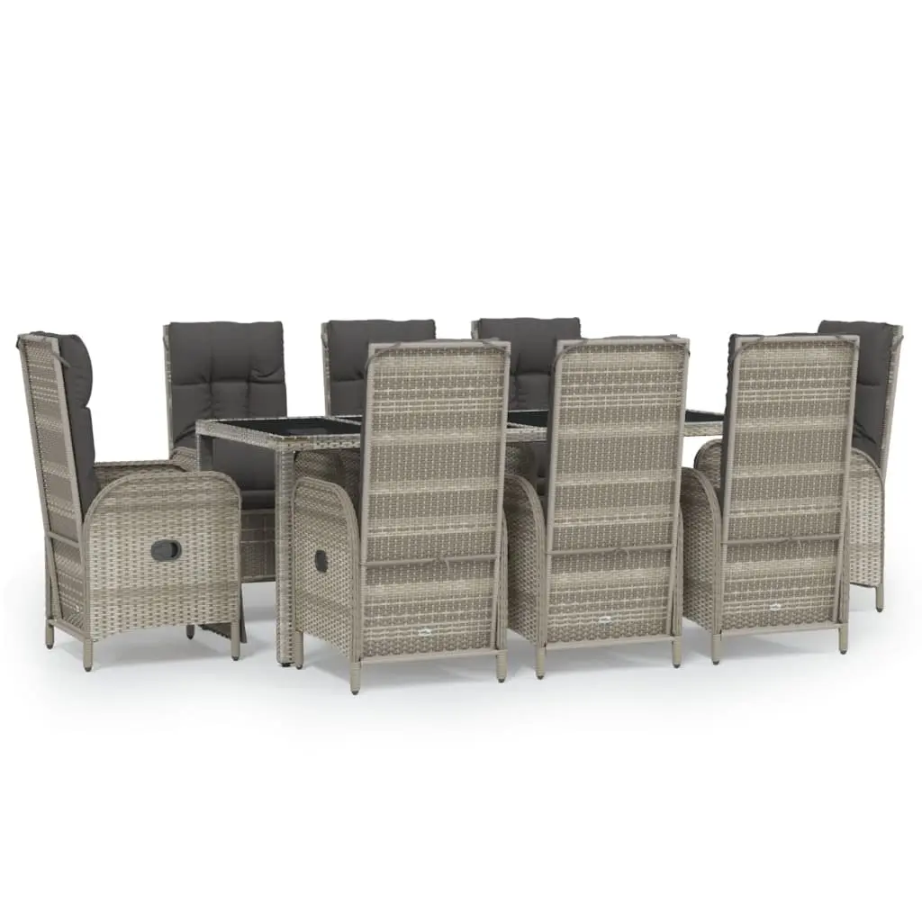 9 Piece Garden Dining Set with Cushions Grey Poly Rattan 3185037 - Furniture