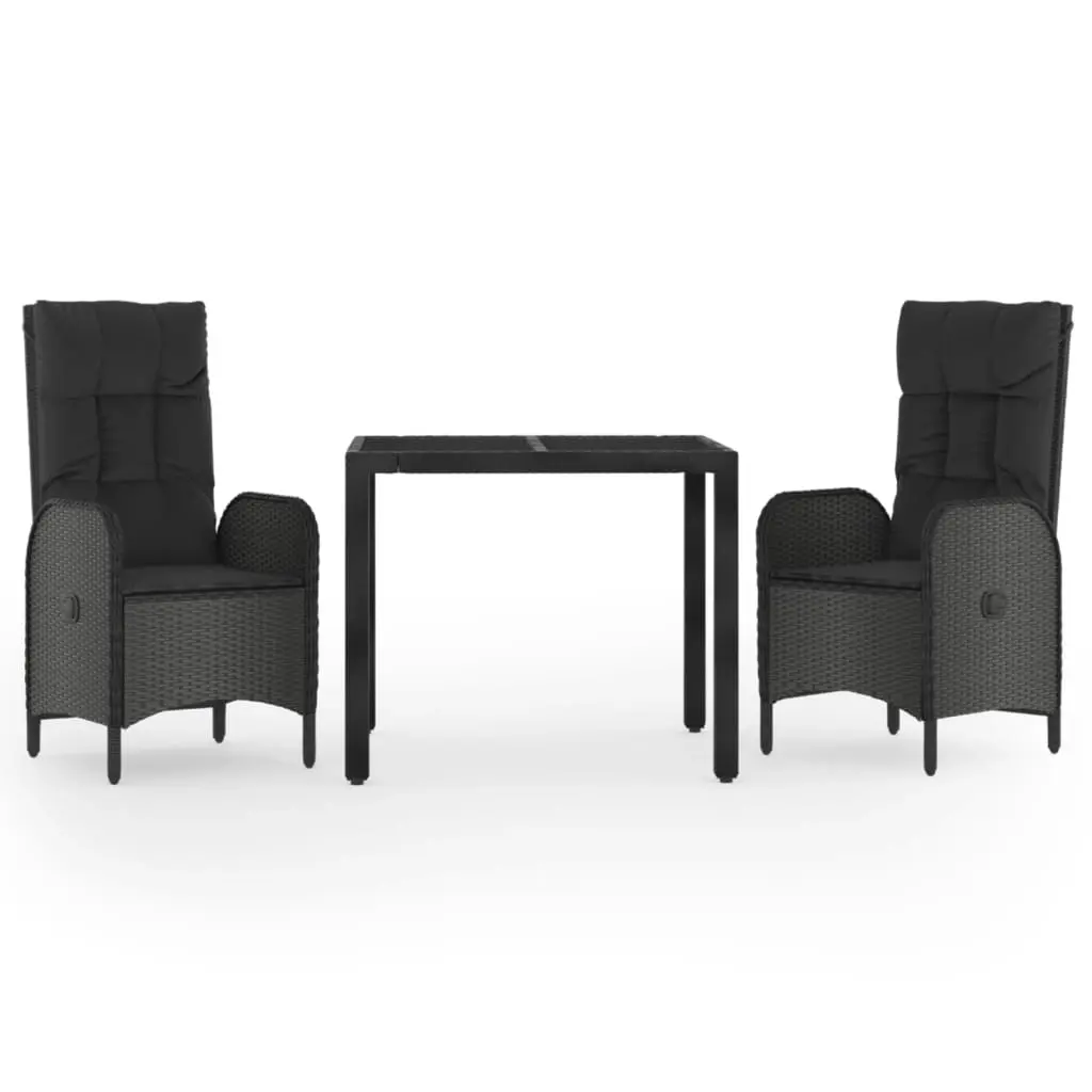 3 Piece Garden Dining Set with Cushions Black Poly Rattan 3185053 - Furniture